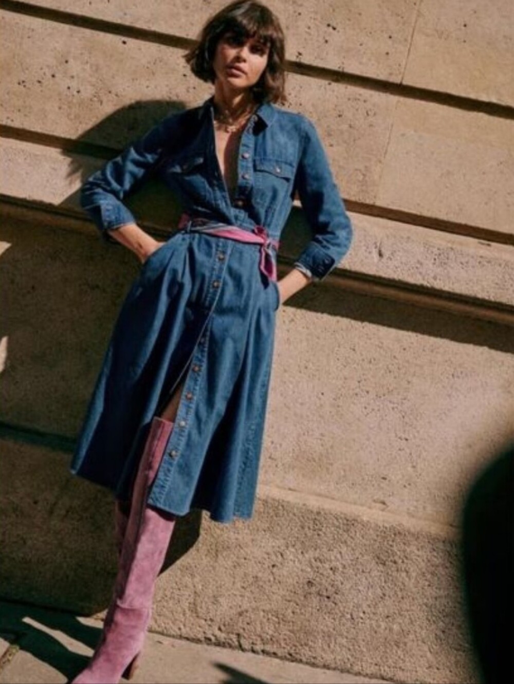 Sezane Medium Wash Denim Long-Sleeve Button-Down Midi Dress Size 4